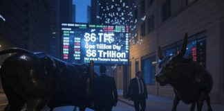 Illustration of Wall Street bull statues at night in front of a stock-market ticker screen. (Image illustration: Grok)
