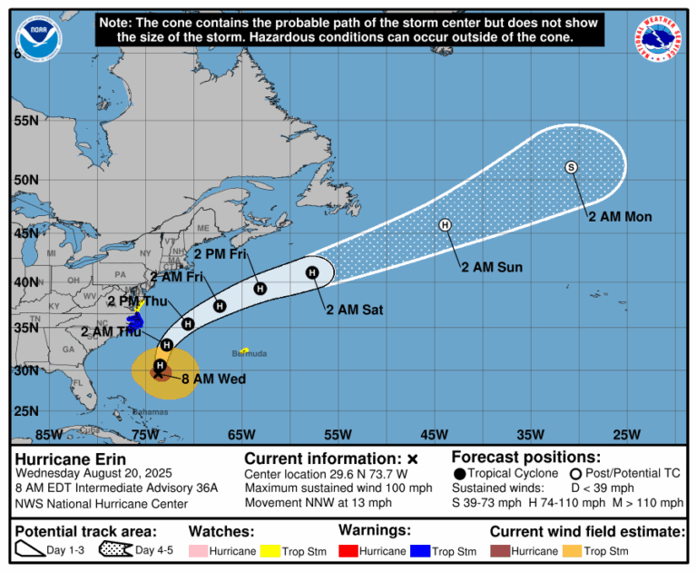 Hurricane Erin to Brush North Carolina Coast Tonight; Surge Warning from Cape Lookout to Duck