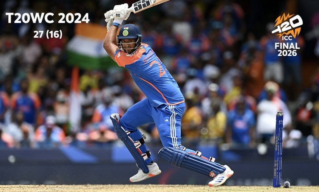 Indian cricketer raises his bat during a celebratory moment after India won its third T20 World Cup title.