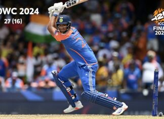 India Storms to History With Third T20 World Cup Title Indian cricketer raises his bat during a celebratory moment after India won its third T20 World Cup title.