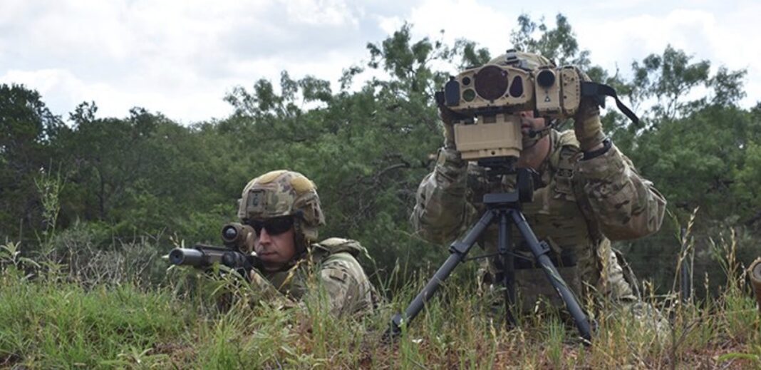 Photo illustration of military personnel using counter-drone detection equipment in an outdoor setting.