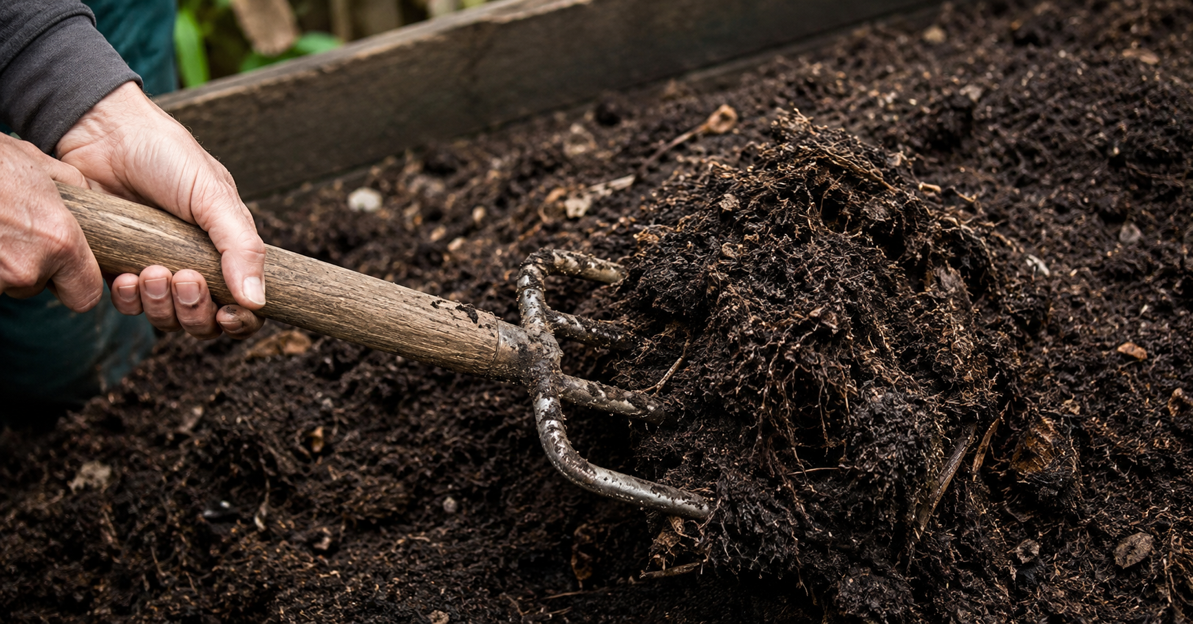 Hands using a garden fork to turn dark finished compost in a wooden compost bin.