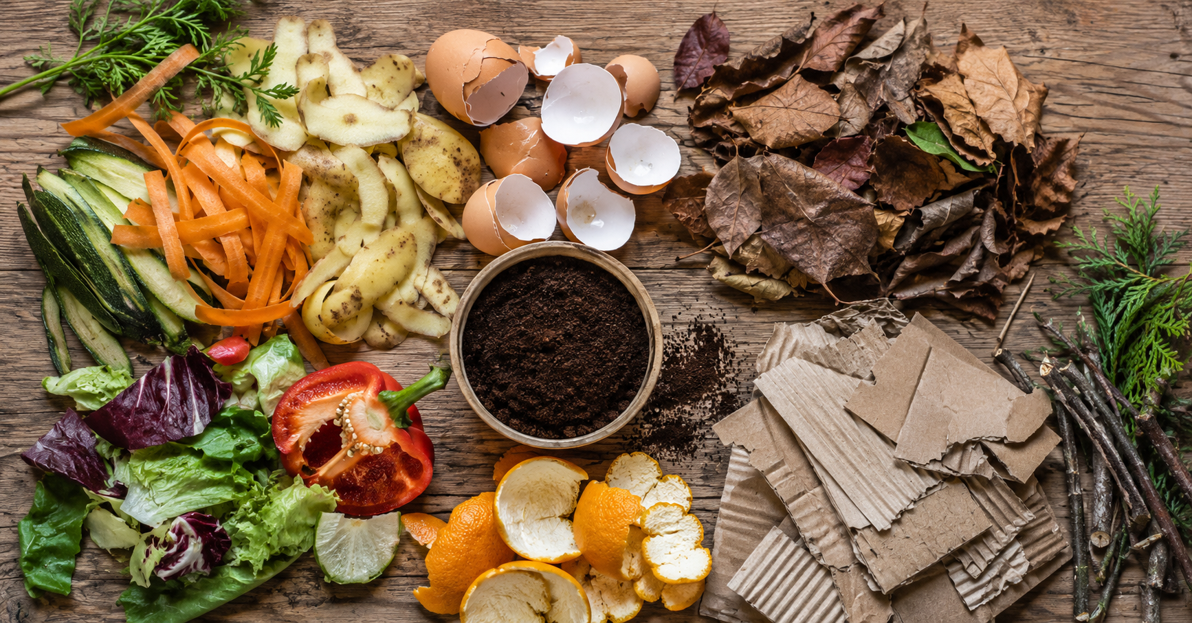Overhead view of compostable kitchen and garden materials including vegetable scraps, eggshells, dry leaves, and cardboard arranged on a wooden surface.