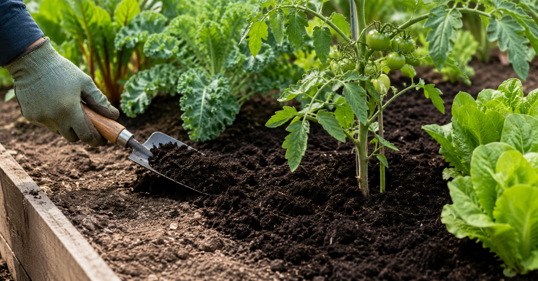 Gloved hand applying dark compost to a raised vegetable bed with tomatoes, kale, and lettuce growing in the background.