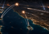 Bahrain, Kuwait Report Intercepting Iranian Missiles, Drones Illustration of Bahrain and Kuwait intercepting an Iranian missile and drone over the Persian Gulf