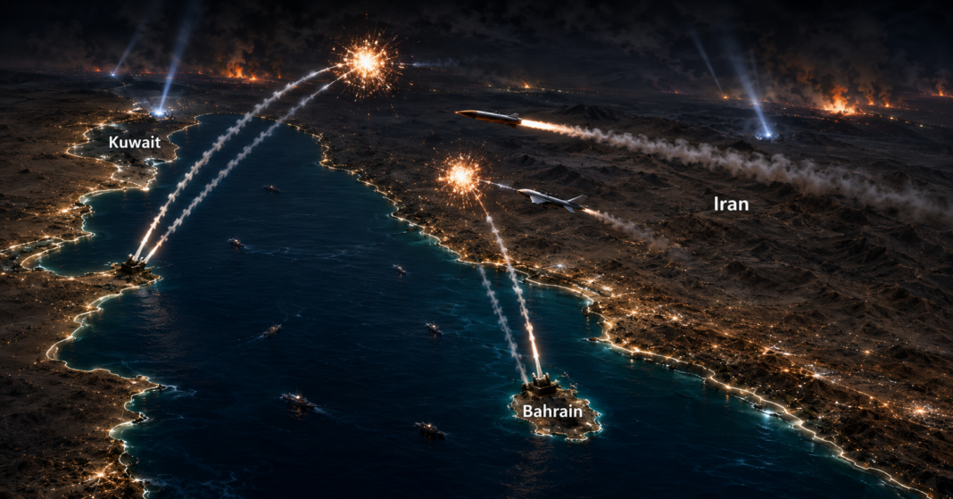 Illustration of Bahrain and Kuwait intercepting an Iranian missile and drone over the Persian Gulf