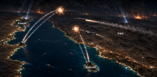 Bahrain, Kuwait Report Intercepting Iranian Missiles, Drones Illustration of Bahrain and Kuwait intercepting an Iranian missile and drone over the Persian Gulf