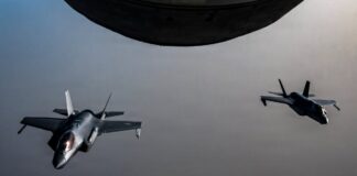 U.S. Strikes Iran After Apache Downing; Tehran Vows Response Two U.S. Air Force F-35A stealth fighter jets fly over the Middle East during a patrol ahead of U.S. strikes on Iranian air defense sites near the Strait of Hormuz