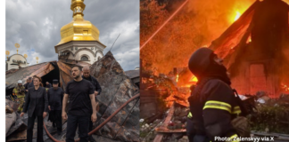 Russian Strikes Kill 11, Set Kyiv’s Historic Lavra Cathedral Ablaze