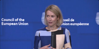 Kaja Kallas speaks at an EU Council podium during remarks on Patriot missiles for Ukraine.