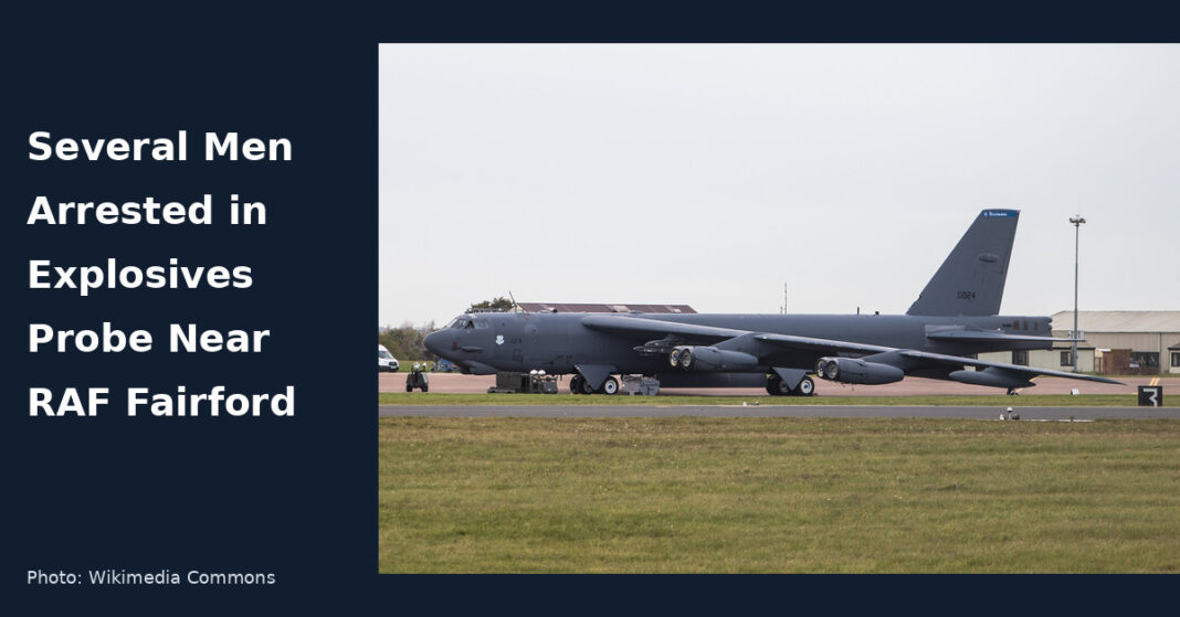 A U.S. Air Force B-52H at RAF Fairford in 2019, used with a headline about the RAF Fairford explosives arrests.