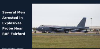 A U.S. Air Force B-52H at RAF Fairford in 2019, used with a headline about the RAF Fairford explosives arrests.