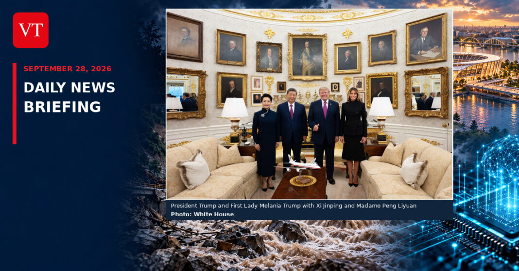 September 28 Daily News Briefing collage with the Trump-Xi White House photo, RFK campus, Nepal floods and AI illustration