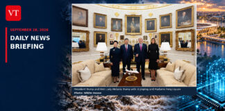 September 28 Daily News Briefing collage with the Trump-Xi White House photo, RFK campus, Nepal floods and AI illustration