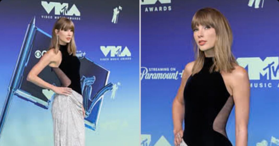 Taylor Swift at the 2026 MTV Video Music Awards in a black-and-silver gown; Taylor Swift 2026 VMAs featured image.