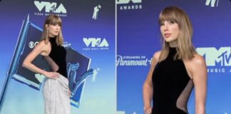 Taylor Swift at the 2026 MTV Video Music Awards in a black-and-silver gown; Taylor Swift 2026 VMAs featured image.