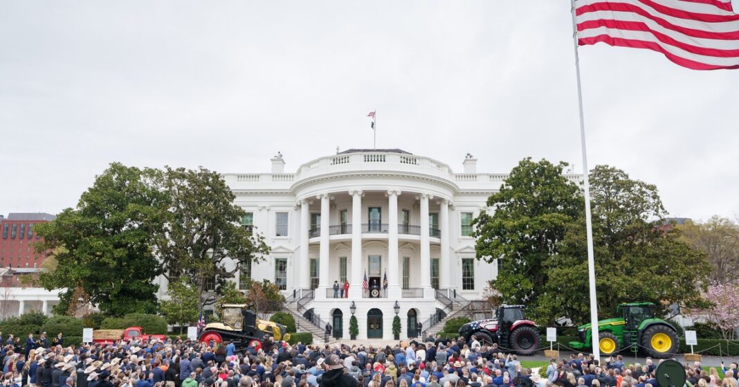 President Donald Trump delivers remarks at a Great American Agriculture Celebration at the White House, with tractors on the South Lawn — Harvest Fuel Relief Program.
