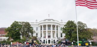 President Donald Trump delivers remarks at a Great American Agriculture Celebration at the White House, with tractors on the South Lawn — Harvest Fuel Relief Program.