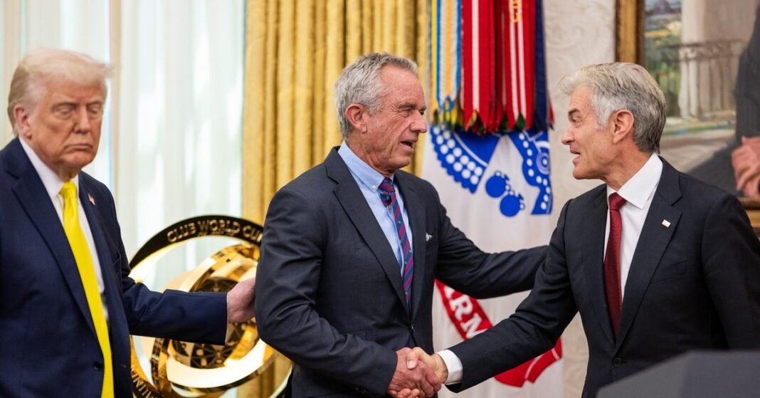 President Donald Trump with HHS Secretary Robert F. Kennedy Jr. and CMS Administrator Dr. Mehmet Oz in the Oval Office — Nurses for Nursing Homes initiative