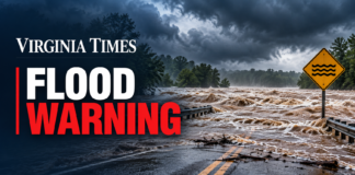Virginia Times Flood Warning banner showing floodwater rushing over a road beside a flood warning sign under dark storm clouds.