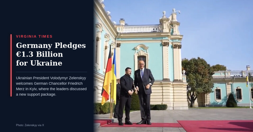 Volodymyr Zelenskyy and Friedrich Merz stand on a red carpet beside German and Ukrainian flags in Kyiv