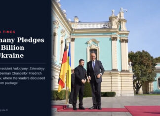 Germany Pledges 1.3 Billion-Euro Package for Ukraine, Zelenskyy Says Volodymyr Zelenskyy and Friedrich Merz stand on a red carpet beside German and Ukrainian flags in Kyiv