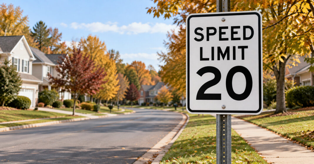 20 mph speed limit sign illustrating Fairfax County speed limits
