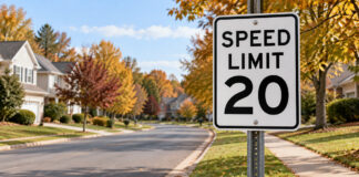 20 mph speed limit sign illustrating Fairfax County speed limits