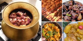 Collage of Nepali Dashain feast dishes: goat pakku in a kasaudi, goat sekuwa over coals, bhuttan, aloo ko achar and khalpi ko achar (Photo: Supplied)