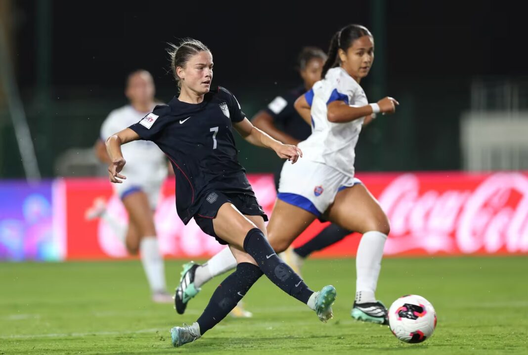 A U.S. player shoots as a Samoa defender follows during the FIFA U-17 Women’s World Cup in Morocco.