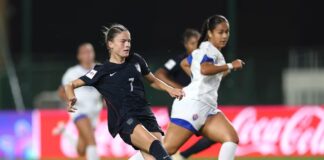 A U.S. player shoots as a Samoa defender follows during the FIFA U-17 Women’s World Cup in Morocco.