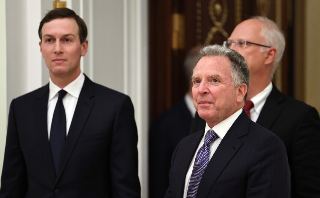 Jared Kushner, left, and Steve Witkoff at the Kremlin in Moscow in a file photo accompanying Ukraine peace talks coverage.