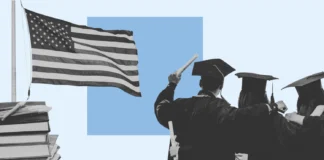 An illustration of graduates in caps and gowns seen from behind beside a waving U.S. flag and a stack of books.