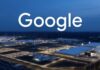 Google, Voltus to Build 1 Gigawatt Virtual Power Plant in PJM An aerial night view of a large illuminated Google data center complex with the word “Google” in large white letters across the top. (Screenshot)