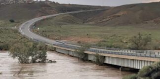 This photo shows an increase of water levels at San Juan River Bridge, on Highway 160, near the Arizona and Colorado border, at 7:35 AM (MST) on Sunday, October 25, 2026. The bridge remains closed.