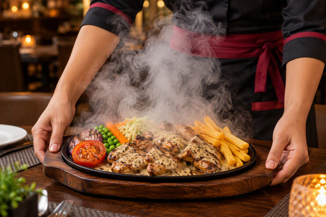 Nepali chicken sizzler with grilled chicken, fries and vegetables steaming on a hot iron plate