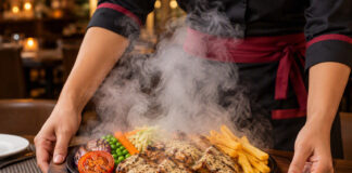 Nepali chicken sizzler with grilled chicken, fries and vegetables steaming on a hot iron plate