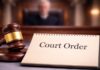 Gavel beside a court order notepad — Judge blocks Trump taxpayer-funded ads