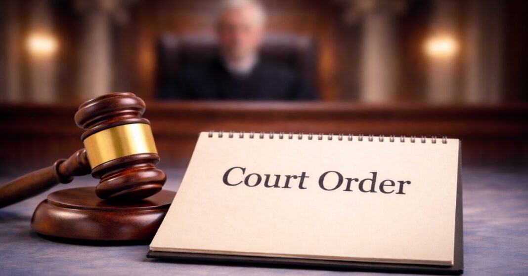 Gavel beside a court order notepad — Judge blocks Trump taxpayer-funded ads