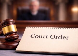 Gavel beside a court order notepad — Judge blocks Trump taxpayer-funded ads