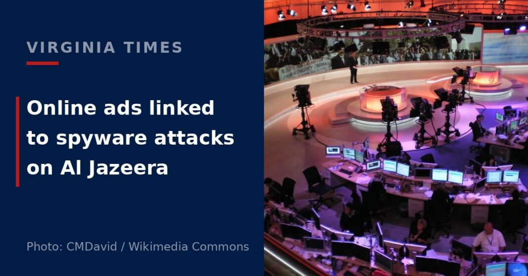 Al Jazeera English newsroom and television studio in Doha, Qatar, with journalists' desks and monitors in the foreground.