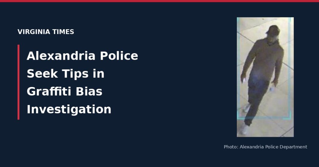 Alexandria graffiti investigation person of interest wearing a cap, long-sleeve top, dark pants and white sneakers in a police image