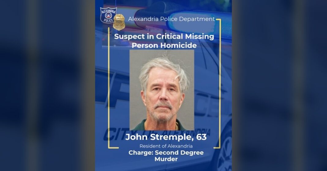 Alexandria police arrest murder suspect — Alexandria Police Department graphic showing John Stremple, 63, charged with second-degree murder