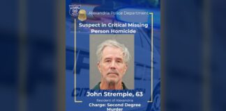 Alexandria police arrest murder suspect — Alexandria Police Department graphic showing John Stremple, 63, charged with second-degree murder