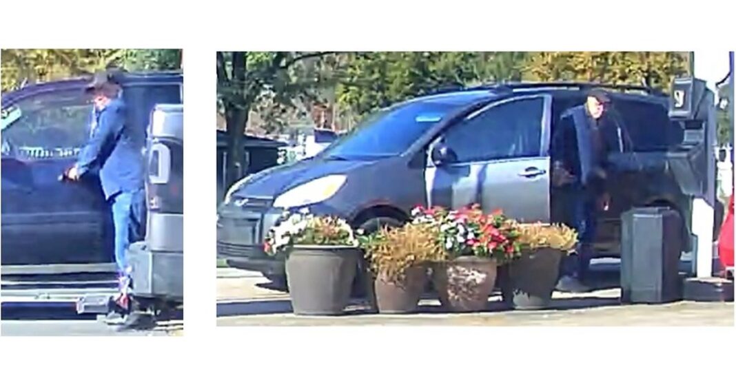 Annandale bank jugging suspect seen in Fairfax County police surveillance images beside a gray minivan at a gas station