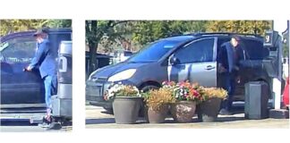Annandale bank jugging suspect seen in Fairfax County police surveillance images beside a gray minivan at a gas station