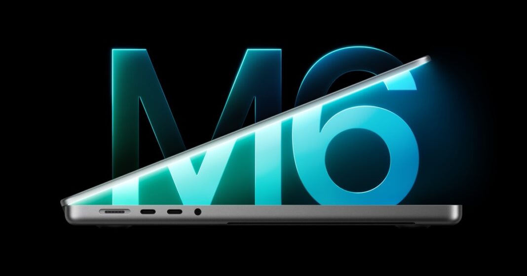A partially open MacBook Pro shown in profile in front of a glowing blue M6 graphic