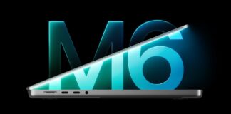 A partially open MacBook Pro shown in profile in front of a glowing blue M6 graphic