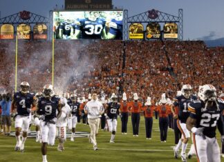 Auburn Beats No. 1 Georgia at the Gun, 27-24 The Auburn Tigers run onto the field at Jordan-Hare Stadium in Auburn, Alabama