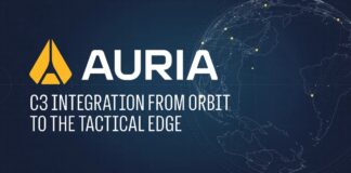 Auria logo and globe graphic with the words C3 Integration From Orbit to the Tactical Edge